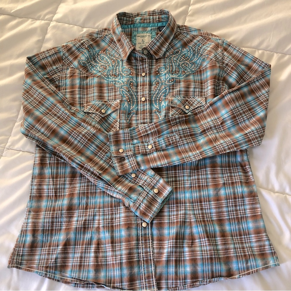 Panhandle rough stock pearl snap button west shirt boys/ kids Sz L brown blue